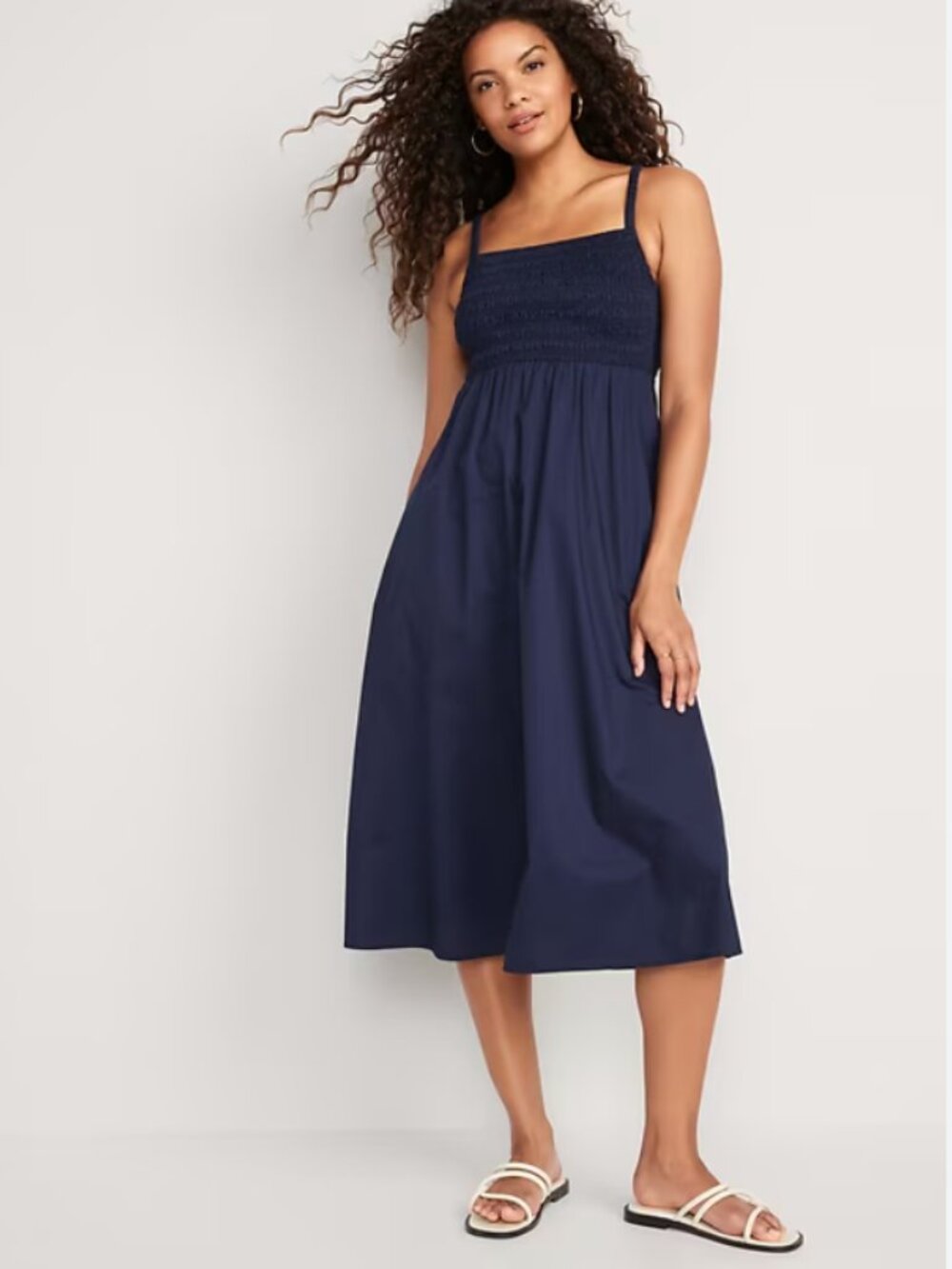 Fit & Flare Cotton-Poplin Smocked Cutout Cami Midi Dress